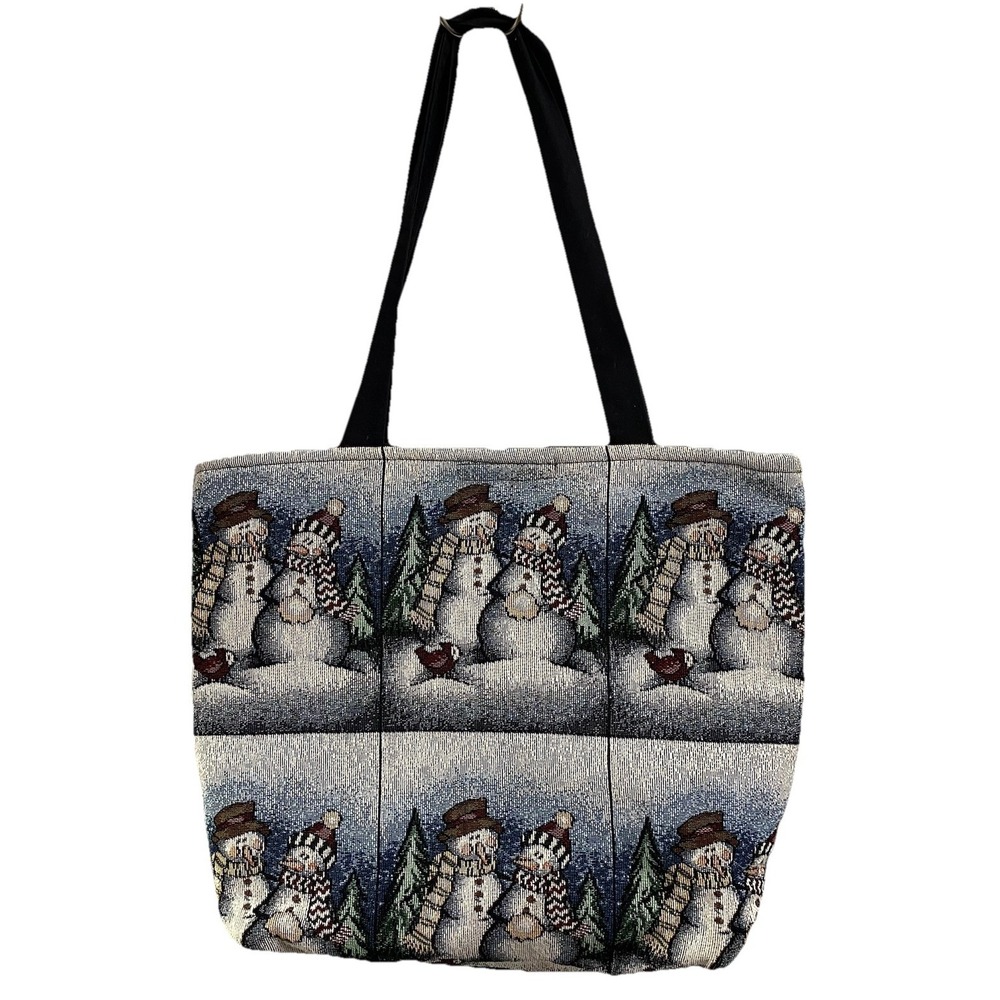 Tapestry Style Snowmen Tote‎ Shopping Book Bag 16"  Winter Holiday Christmas EUC